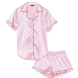 Pink & White Striped Satin Shirt & Shorts Pajama Set US4/UK8
